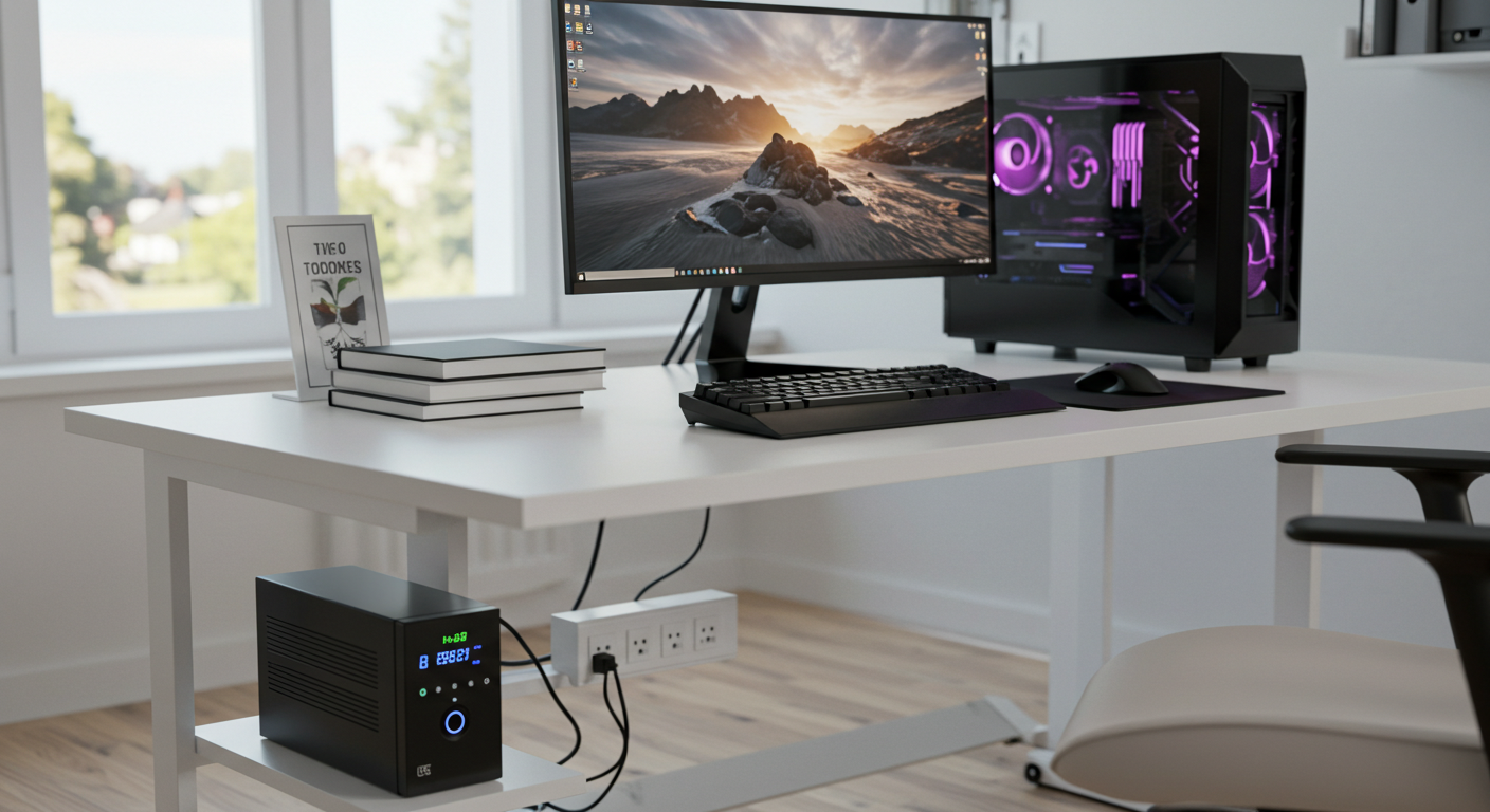 mesa branca com computador em cima e nobreak embaixo