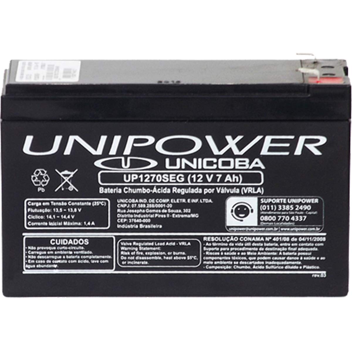 Bateria Para Nobreak Interna Selada 12V 7,0Ah Up1270Seg - Unipower