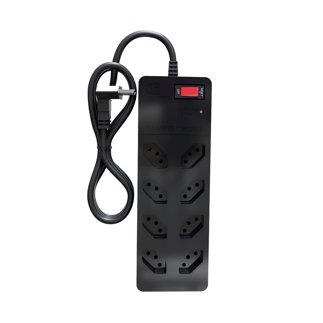 Filtro de Linha iCLAMPER Energia 8 com Proteção contra Surtos Elétricos(DPS) 8 Tomadas, 3 Pinos, 10 Amperes para PC, Notebook, Roteador, Monitor, Impressora, PS5, Alexa e etc, Bivolt, Cabo de 1m Preto